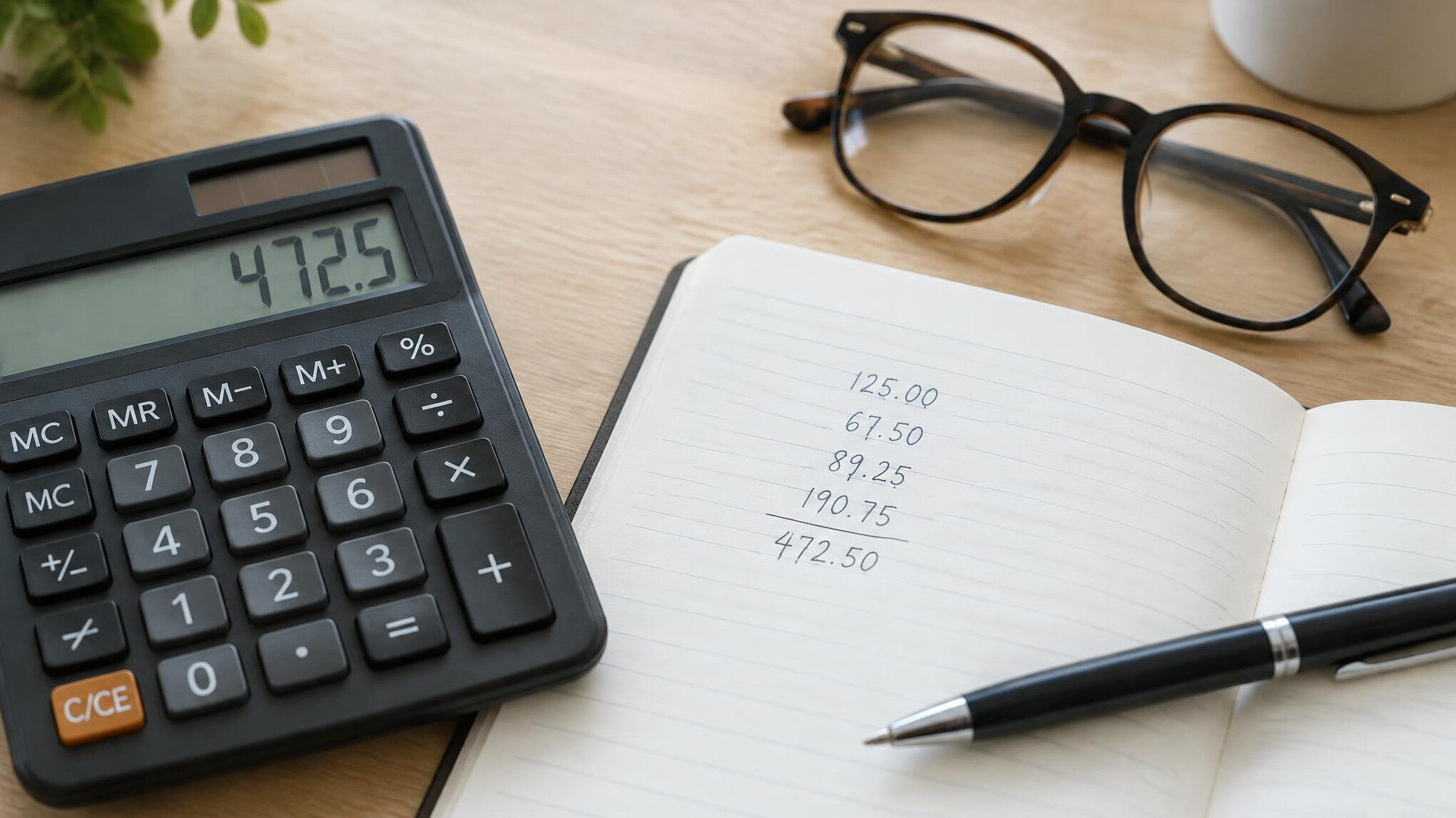 Calculator, notebook and reading glasses on a wooden desk