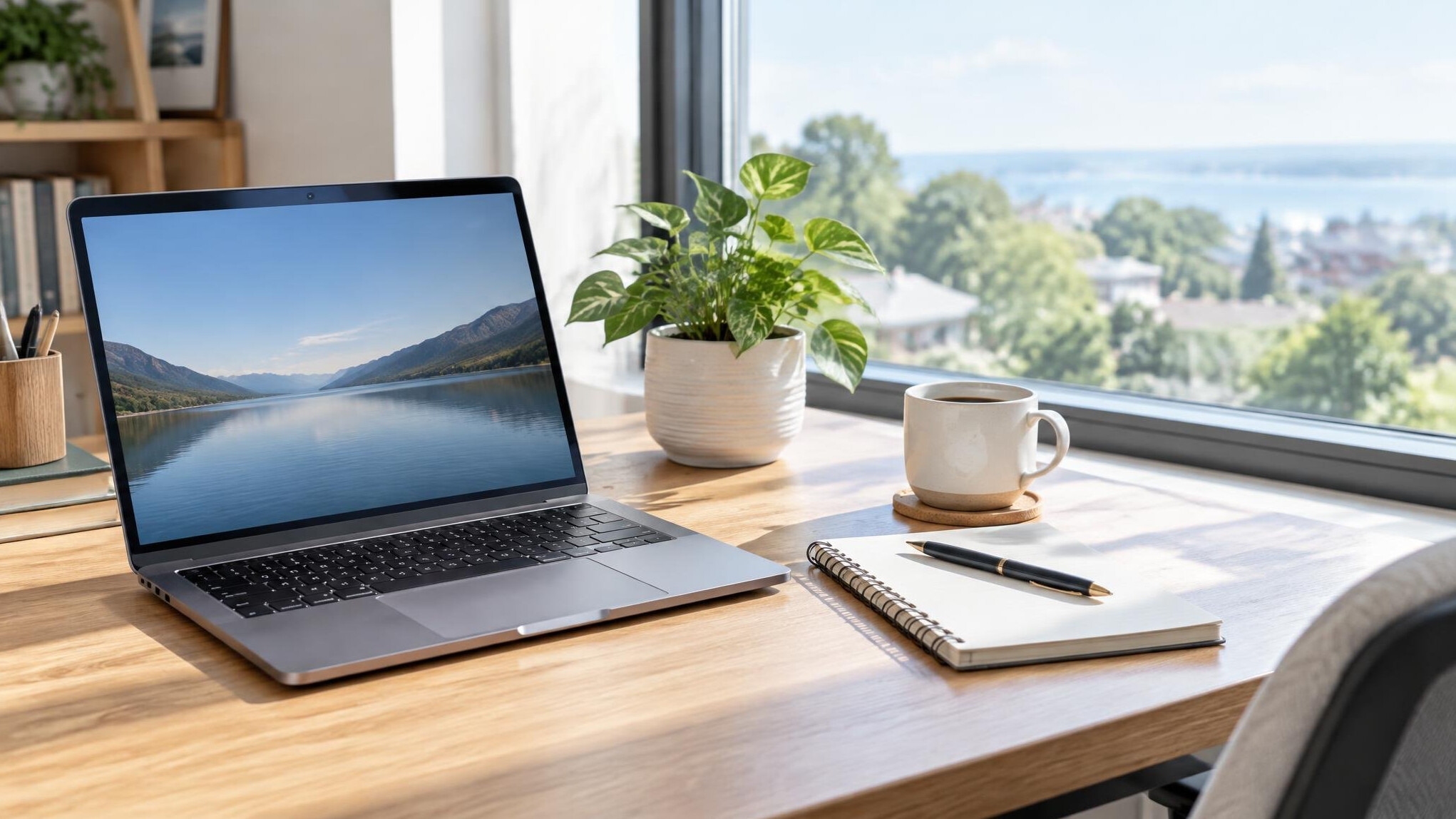 Bright modern office desk with laptop, notebook and plants near a large window