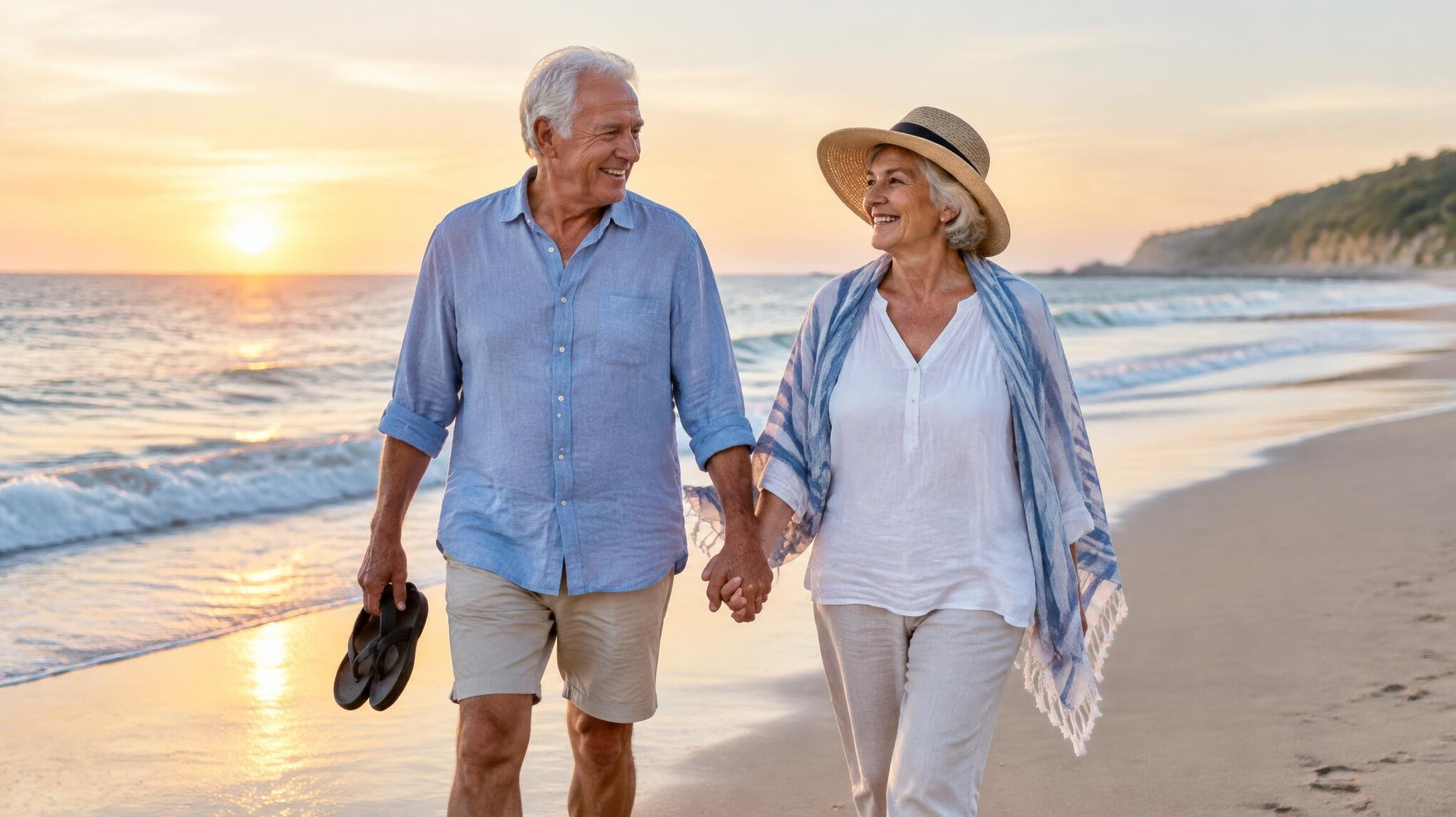 retired couple walking on beach