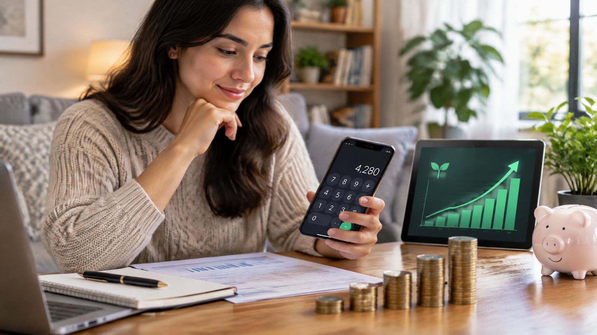 woman reviewing finances at home