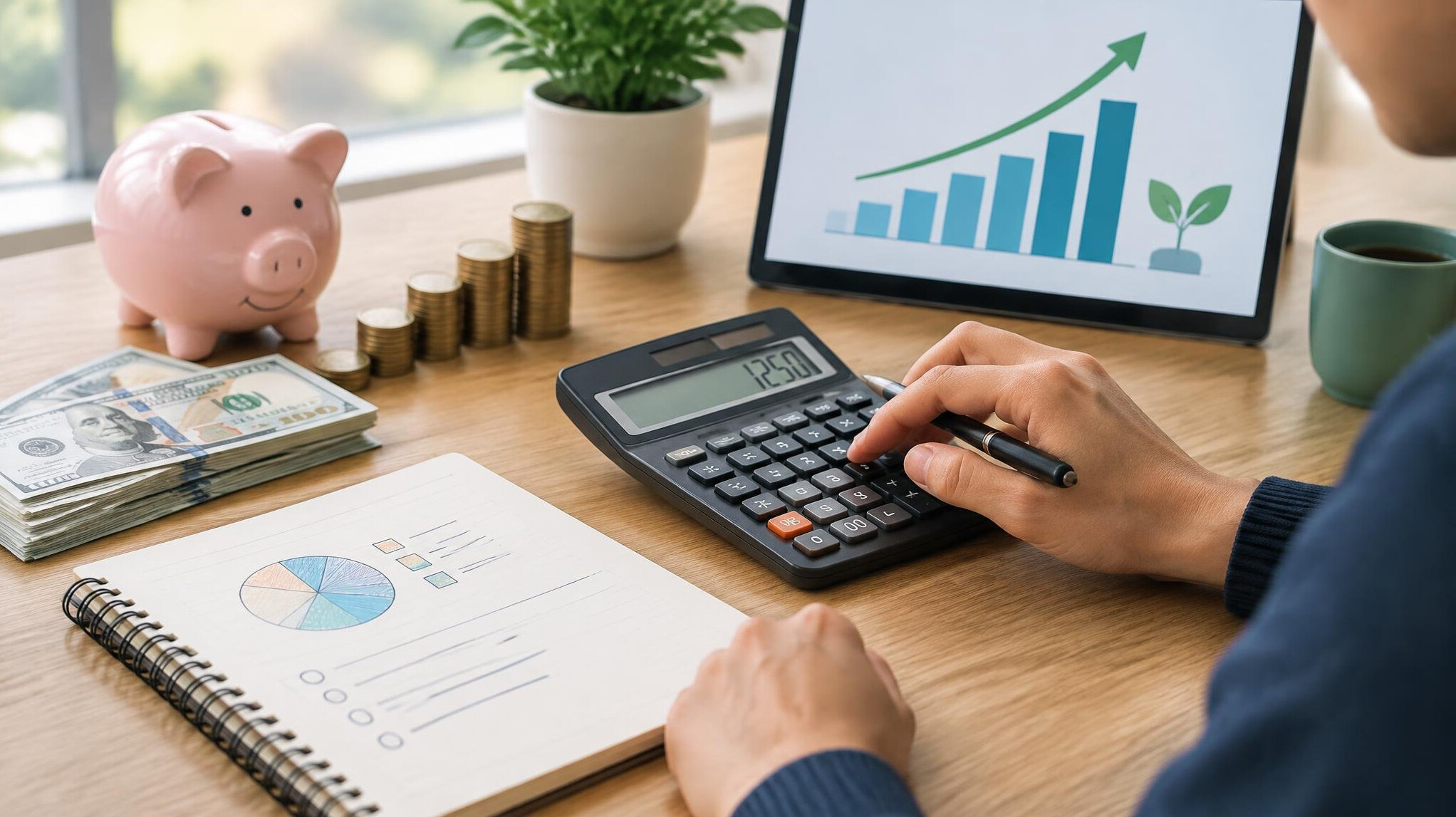 person using calculator with money