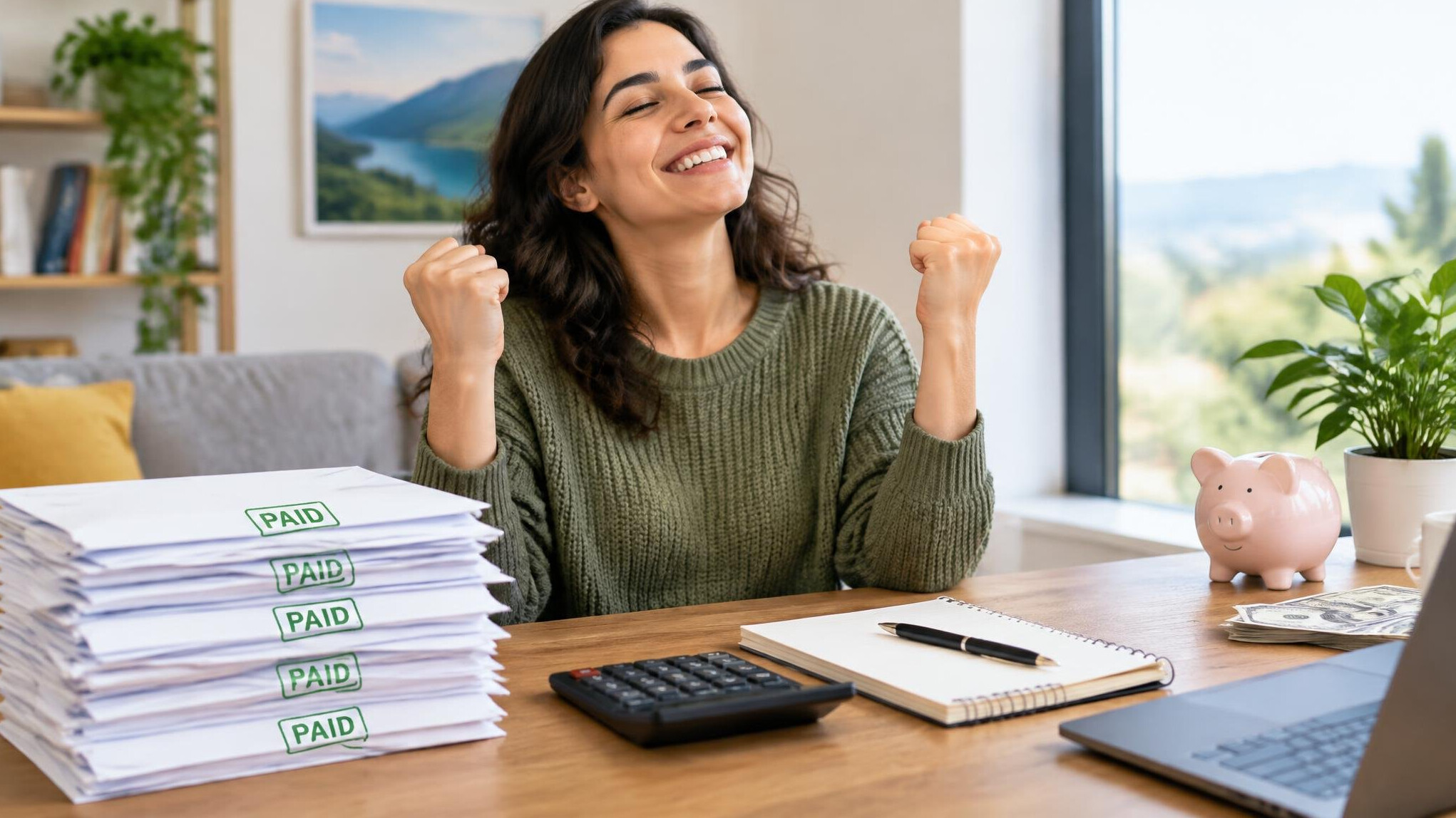 happy person with bills paid