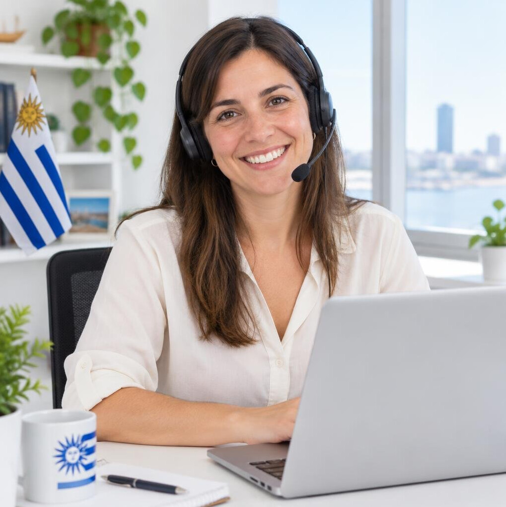 Friendly woman with a headset smiling at her desk